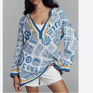 NWT Anthropologie Conditions Apply Blue Printed Mini Kaftan SIZE OS